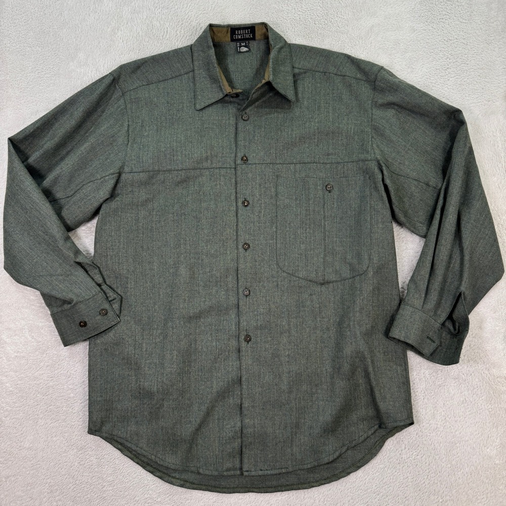 VINTAGE Robert Comstock Mens Medium Green Herringbone Wool Button Down Shirt